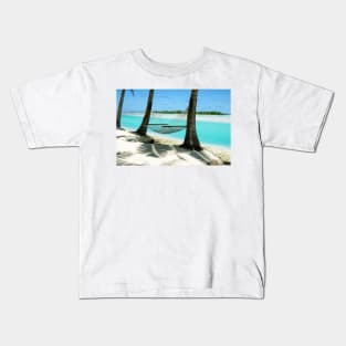 Empty hammock between two tropical palm trees in Cook Islands. Kids T-Shirt